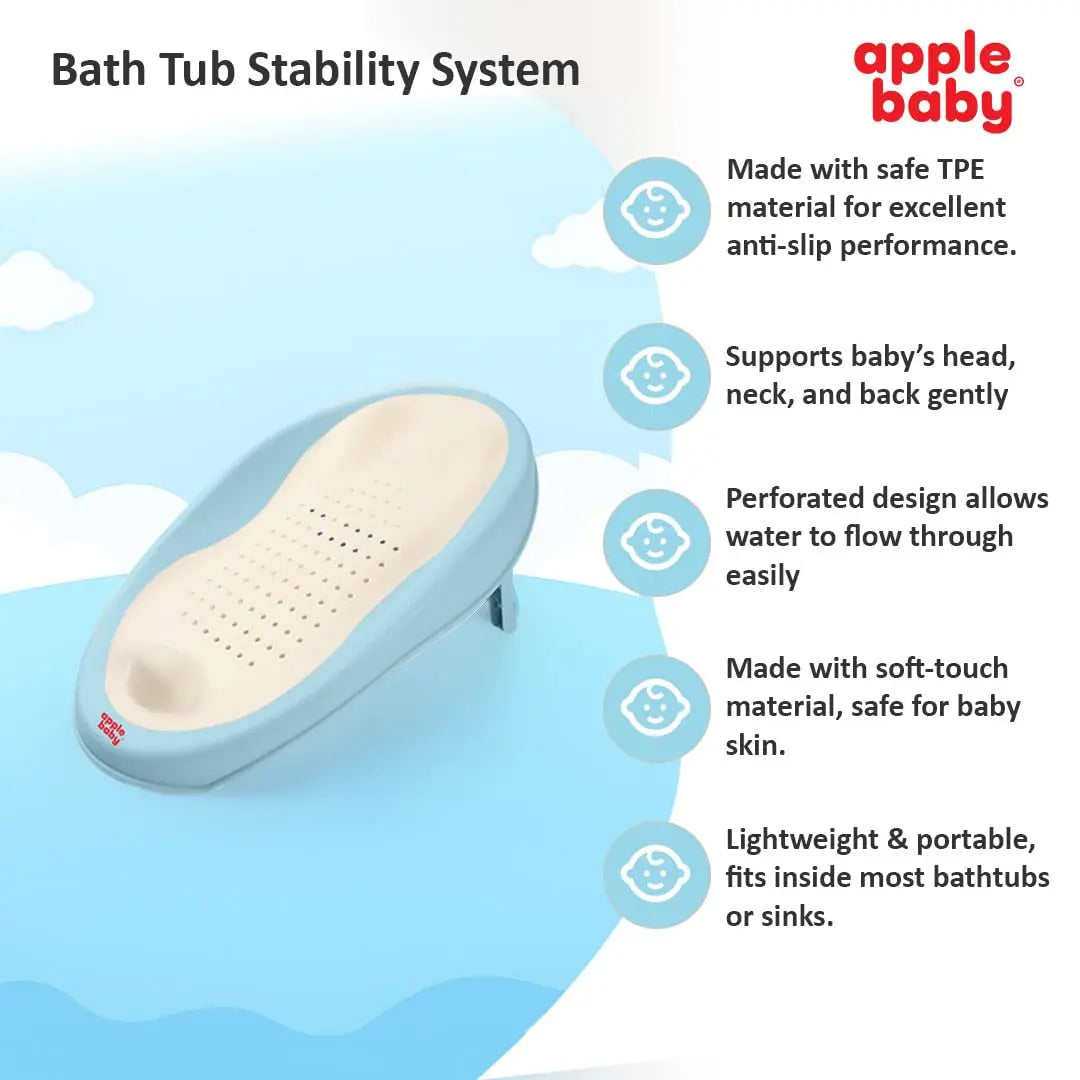 Apple Baby Bather tub Bath Support, Soft-Touch TPE Material, Non-Slip Surface with Quick Drain Holes, Compact and Lightweight (Blue)