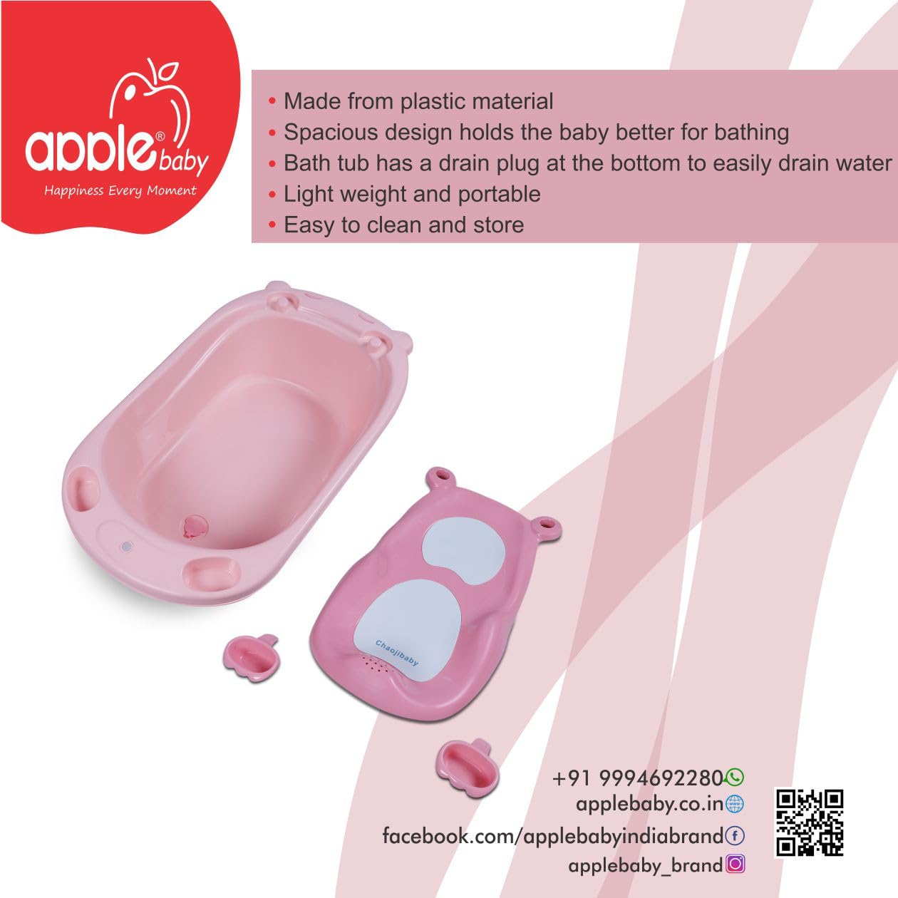 Apple baby Splash with Seat Sling Baby Bath Tub for Kids, Toddlers of 0 to 3 Years Anti-Slip Kids Bathtub for Baby Shower, Baby Bather 0-3 Year | Pink