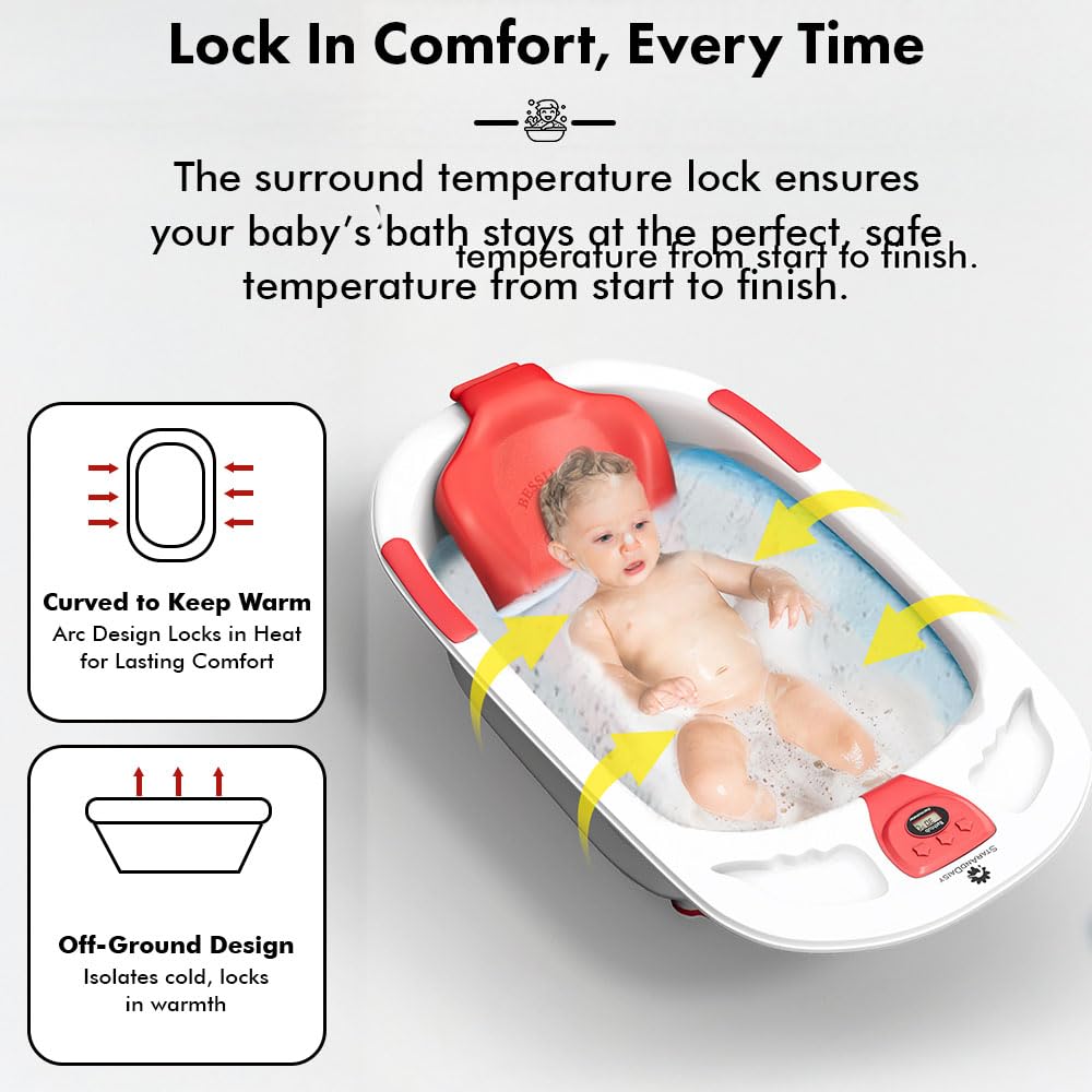 StarAndDaisy Baby Bath tub for 0 to 5 Years with Temperature Sensor/Bath tub for Kids 0-3 Years for Kids with Anti-Slip Legs/Bath tub for Baby with Baby Bather Without Wheel(White-Red)