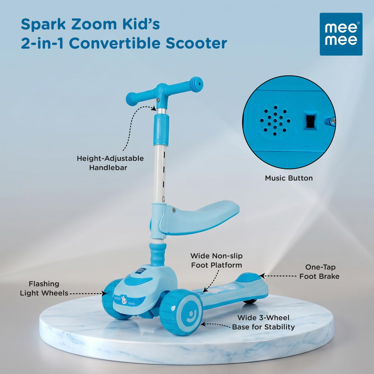 Mee Mee Spark Zoom kids scooter in blue with foldable seat and labelled features