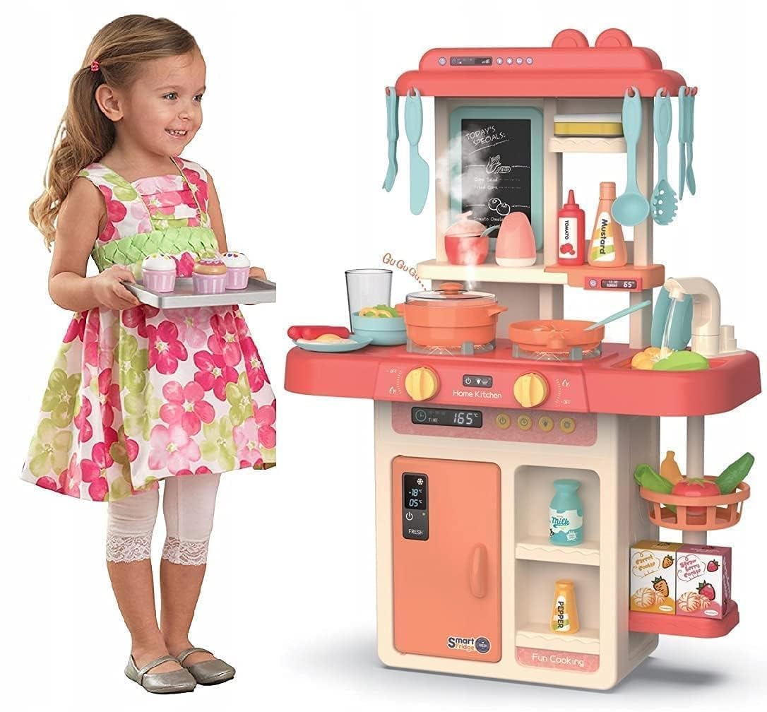 Storio Toys Kitchen Set for Kids Girls Big Cooking Set Light and Sound Pretend Play Toy Battery Operated with Accessories - Pink