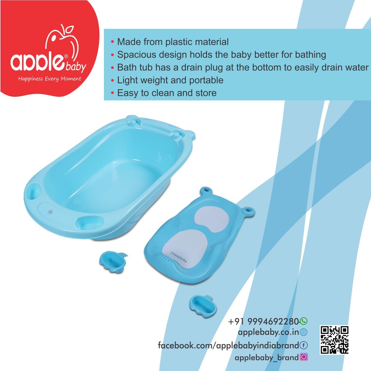 Apple Baby Splash with Seat Sling Baby Bath Tub for Kids, Toddlers 0-3 Years Anti-Slip Kids Bathtub - Blue