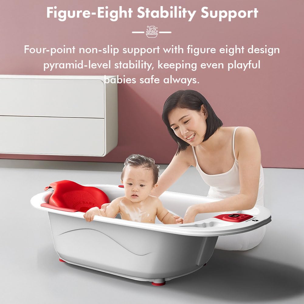StarAndDaisy Baby Bath tub for 0 to 5 Years with Temperature Sensor/Bath tub for Kids 0-3 Years for Kids with Anti-Slip Legs/Bath tub for Baby with Baby Bather Without Wheel(White-Red)