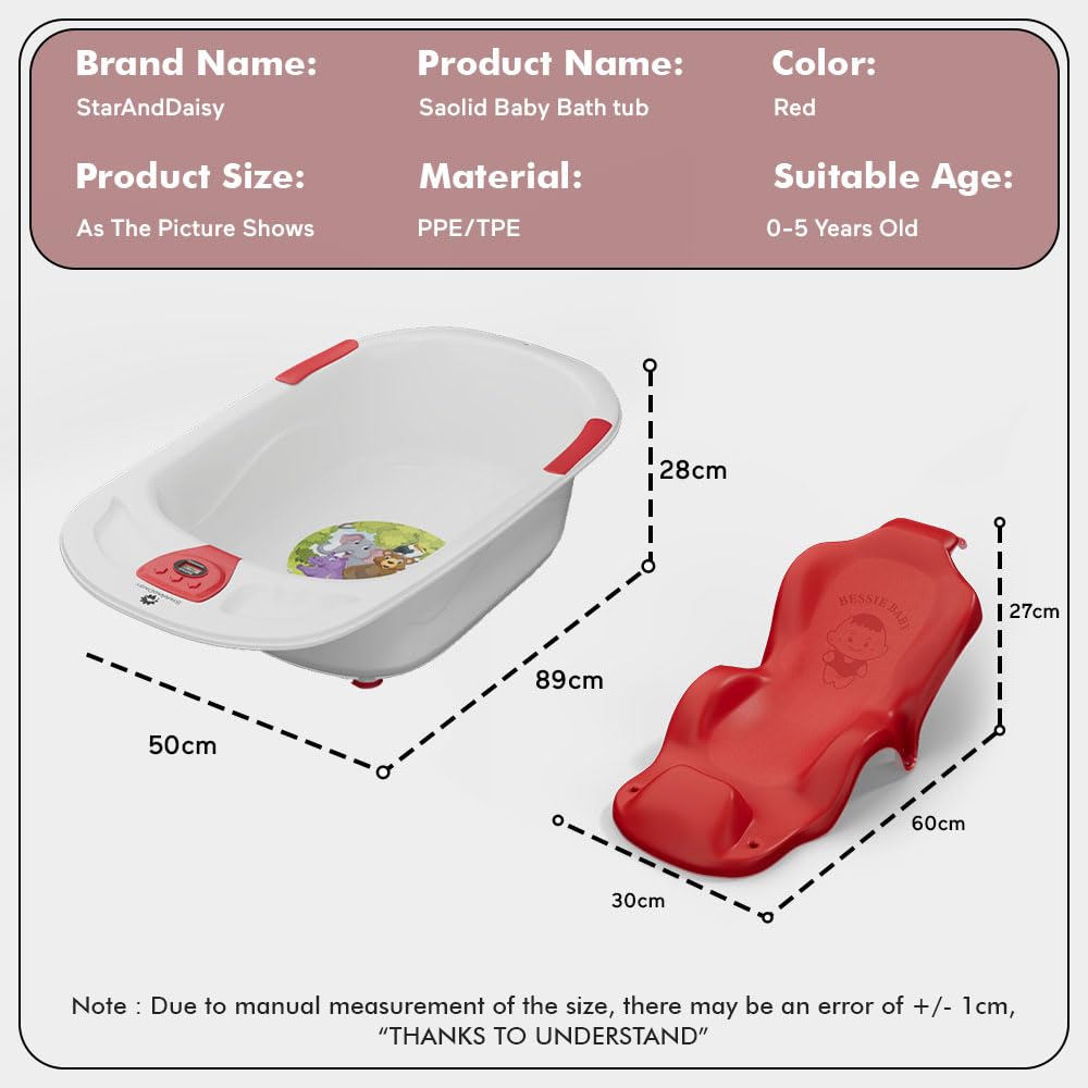 StarAndDaisy Baby Bath tub for 0 to 5 Years with Temperature Sensor/Bath tub for Kids 0-3 Years for Kids with Anti-Slip Legs/Bath tub for Baby with Baby Bather Without Wheel(White-Red)