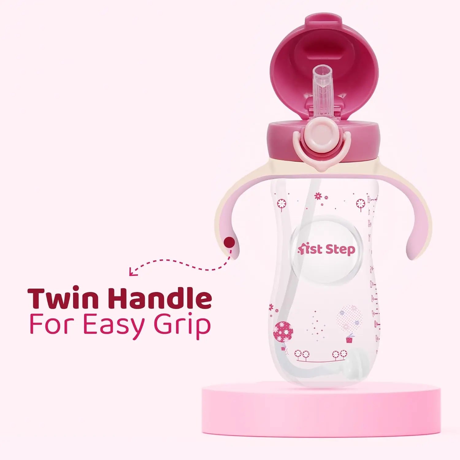 1st Step 330 ml BPA Free Anti-Spill Soft Silicone Weighted Straw Baby Sipper Cup with Twin Handle and Flip Top (6m+) - Pink 1st Step