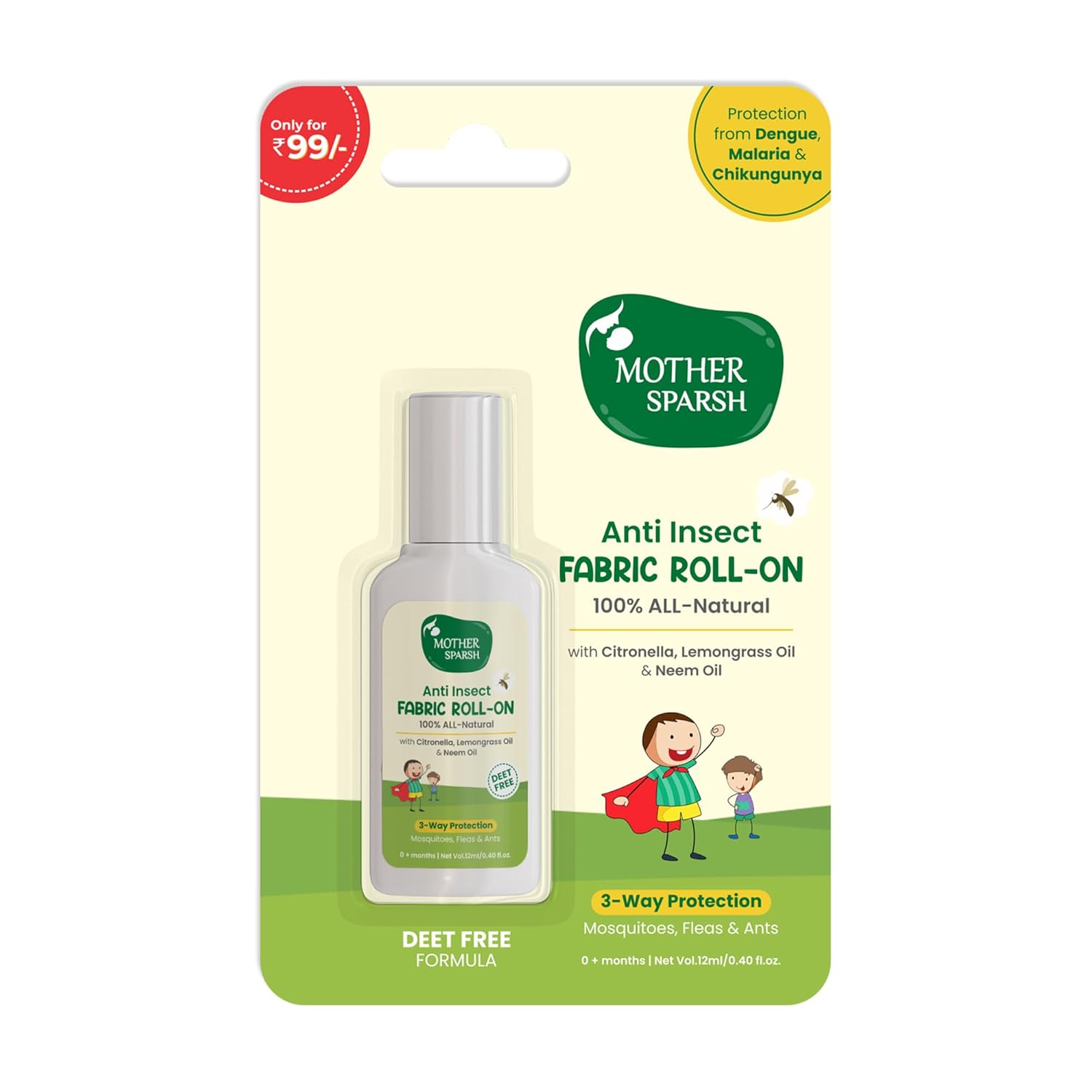 Mother Sparsh Natural Mosquito Repellent Fabric Roll-on for Babies-12ml, DEET Free 3-Way Protection from Mosquitoes, Fleas and Ants
