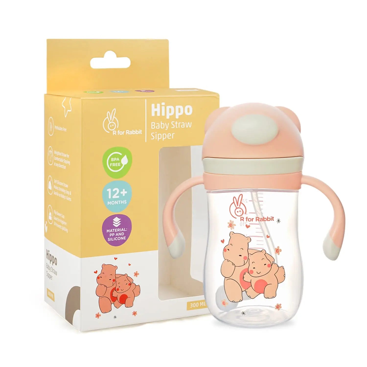 R for Rabbit Premium Hippo Baby Straw Sipper Bottle |10 fl oz | Anti Spill Sippy Cup with Soft Silicone Straw BPA Free & Non-Toxic for Baby or Kids of 12 Months -(300 ml Yellow) R for Rabbit