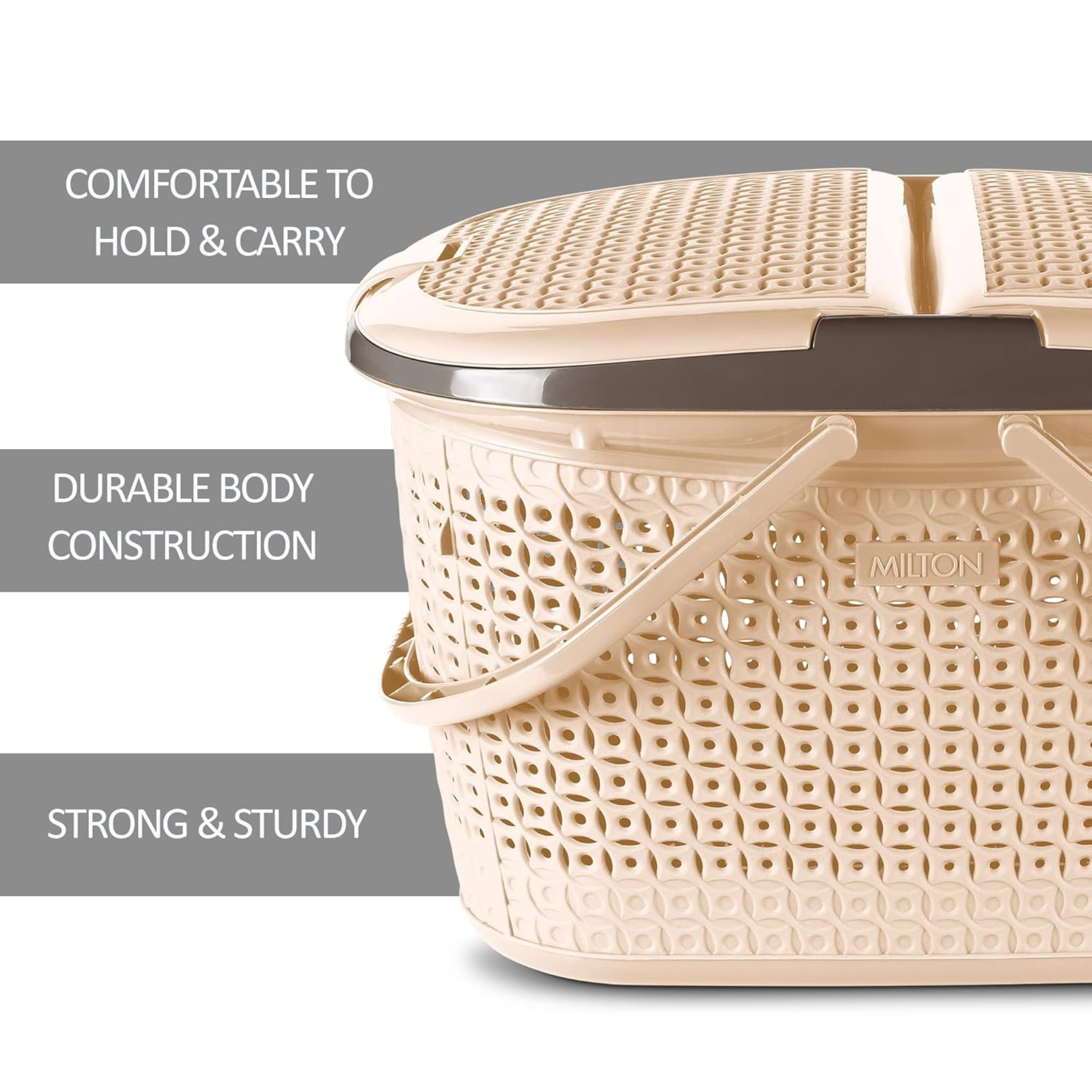 Milton Pluto Picnic Basket with Two Side Opening Lid and with Handles, 1 Piece, (49.1 x 37.8 x 30.6 cms) Ivory| Multipurpose | Toy | Clothes | Shopping | Accessories | Easy to Carry