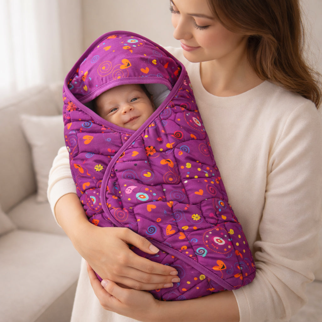 Newborn Baby Wrapper Blanket with Hood | Soft Padded Cotton Swaddle Wrap | Warm, Breathable & Comfortable Baby Wrap (0–6 Months)