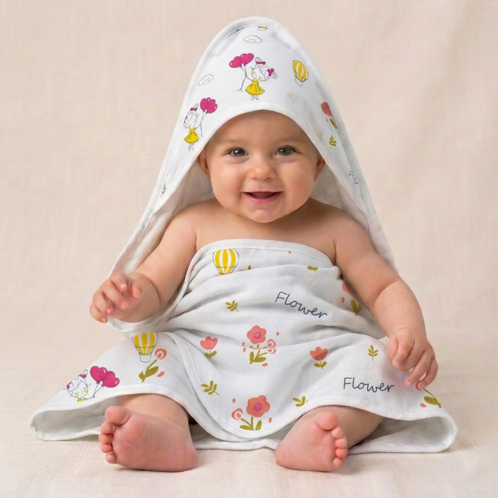 Muslin Baby Hooded Towel 75x75 cm – Ultra Soft Cotton Muslin Newborn Bath Towel with Hood | Lightweight, Breathable & Gentle