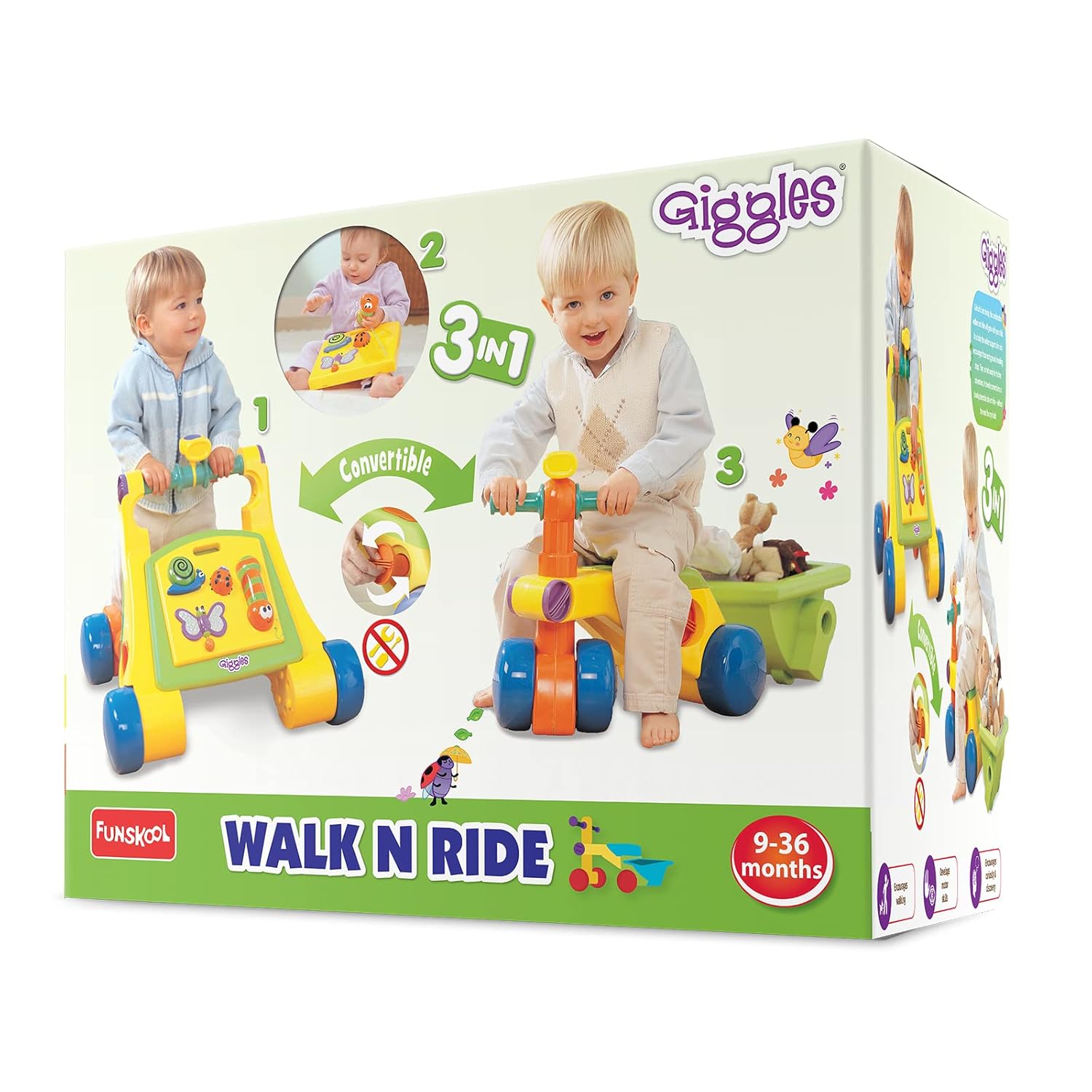 Giggles Funskool Walk N Drive, 3in1 Fun & Development Activity Toy for Babies, Encourage Walking, Improve Balance & Coordination, Stimulate Senses, Multicolour, Gift Set for Kids, Ages 9+ Months