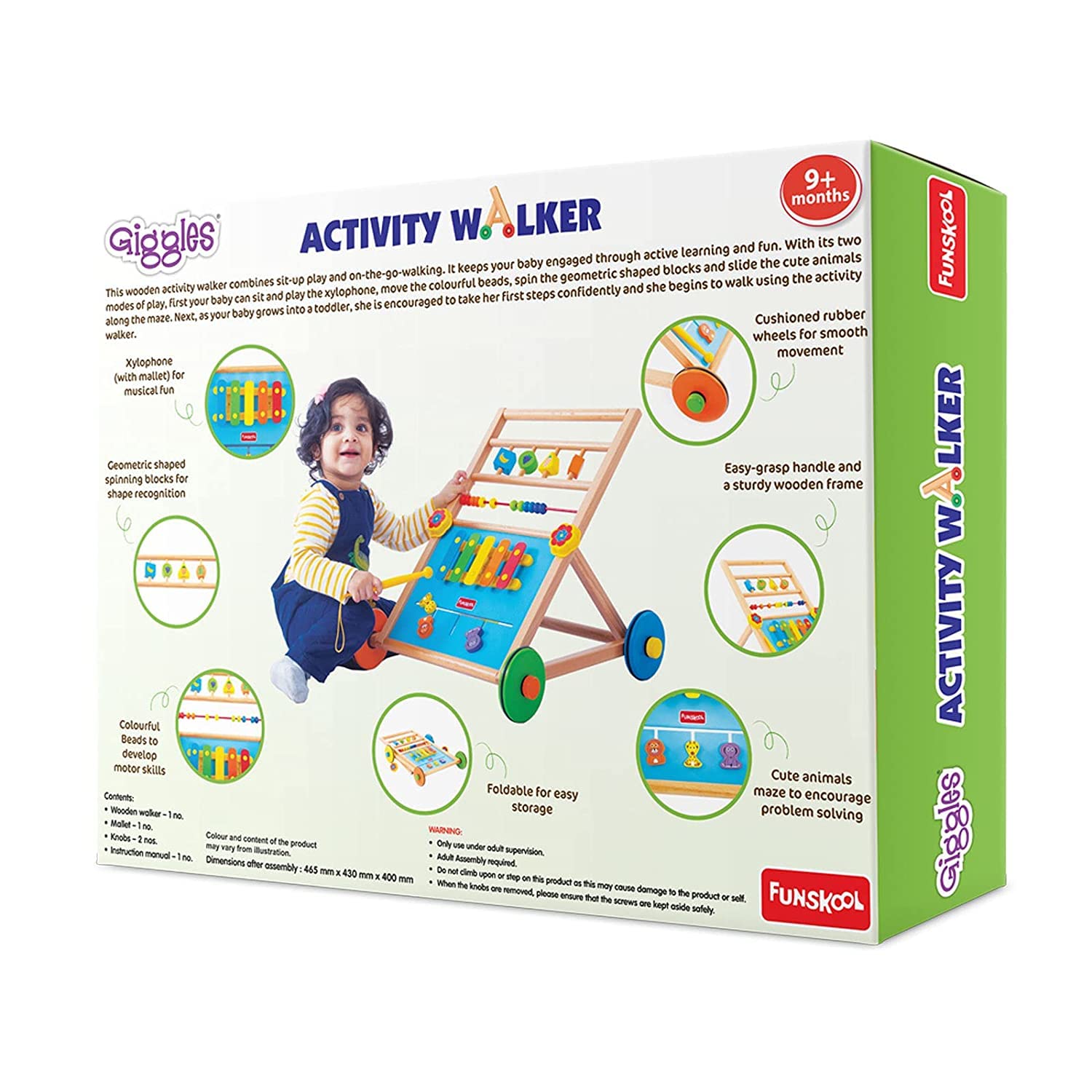 Giggles Funskool Activity Walker for Baby, Learning Toy for Kids with Xylophone, Animal Maze, Counting Beads & Shape Spinner, Build Motor Skill & Encourage Walking, Gift for Infants, Ages 9+ Months
