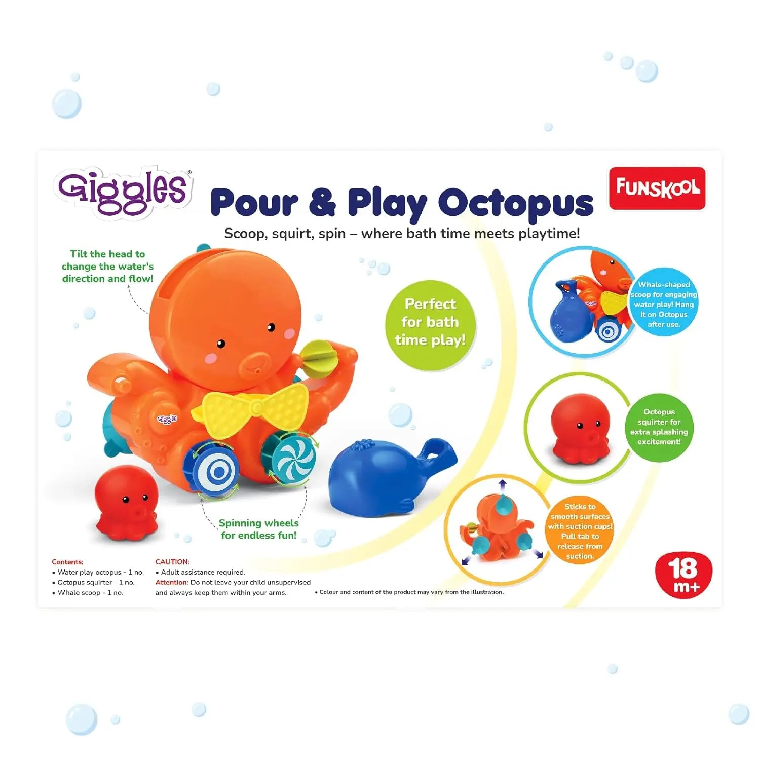 Giggles Funskool Pour & Play Octopus Bath Toy For Kids, Toy For 2 Year Kid, Perfect For Bath Time Play, Water Play, Infant And Preschool Giggles Funskool