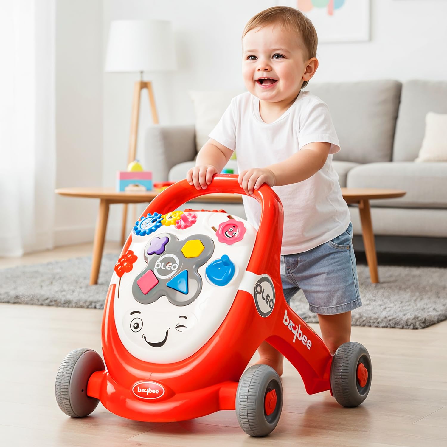 Baybee Oleo Baby Walker for Kids, Baby Activity Walker with Music, LED Light, Rotating Gears & Grip Push Handle | Kids Walker for Baby Toddlers | Baby Walker for 0 to 2 Years Boy Girl (Red)