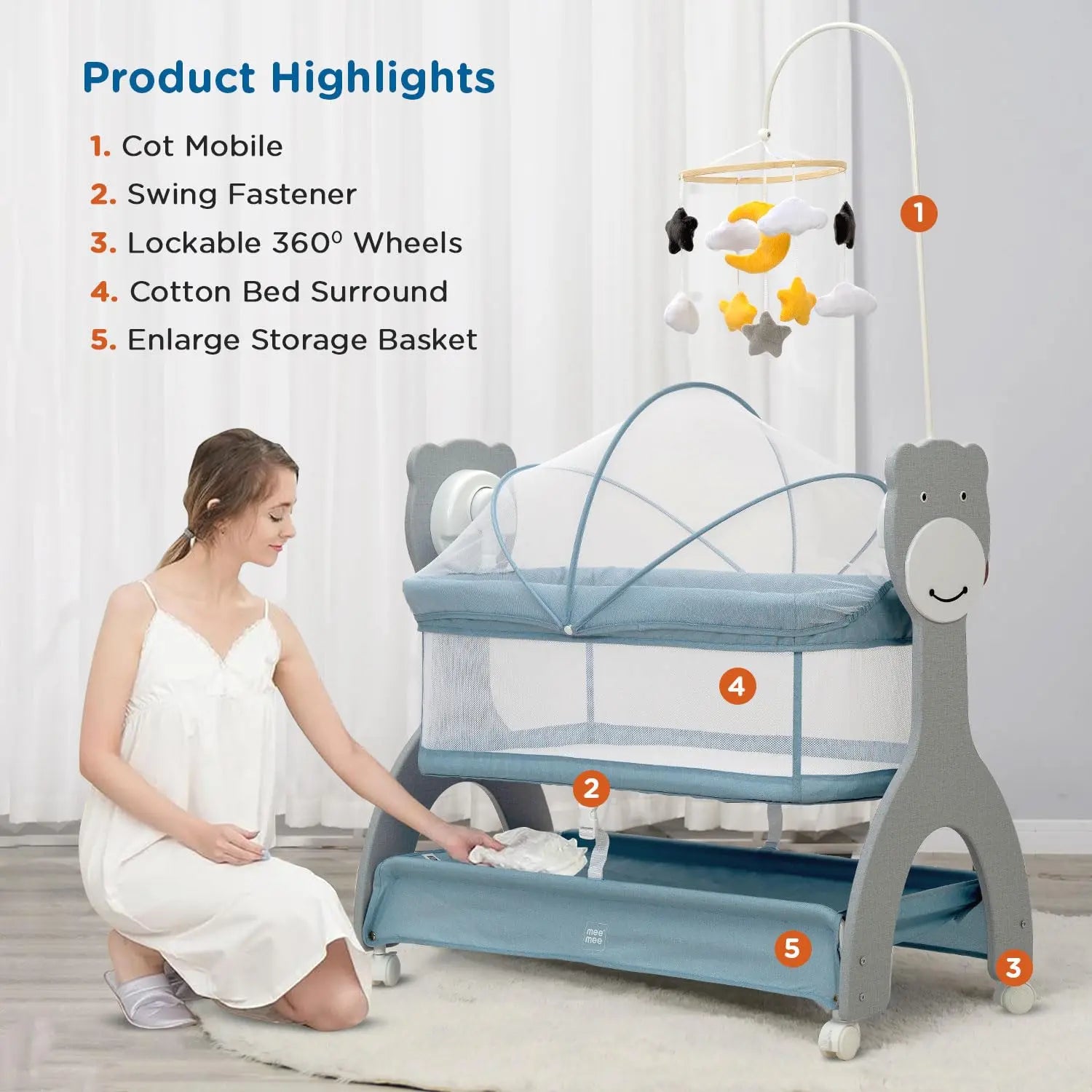 Mee Mee Wood Sweet Love Automatic Electric Cradle/Bassinet for Baby | Remote Controlled 3 Gear Swing | Lightweight Baby Cradle with Mosquito Net & Cot Mobile | Designed for 0-1.5 Years Kids (Blue) Mee Mee
