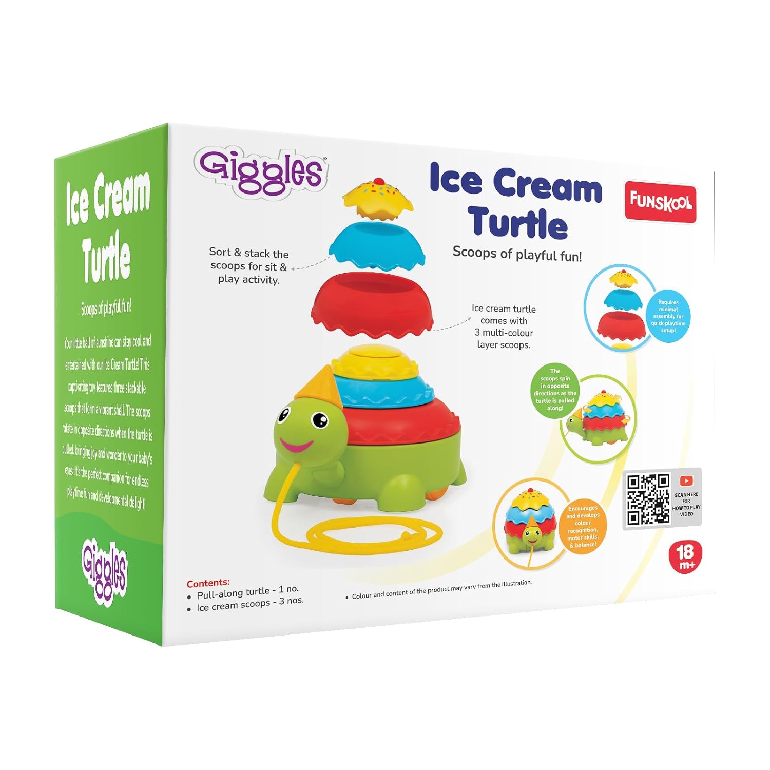 Giggles Funskool Pull Along Turtle, Activity & Learning Toy for Babies, Toddlers, For Baby Boys & Girls, Encourage Walking, Improve Balance, Multicolour, Gift Set for Kids, Ages 18+ Months