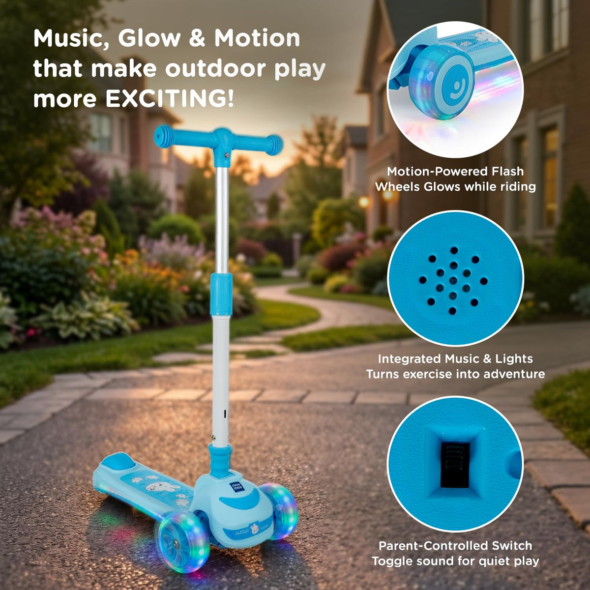 Blue Mee Mee kids scooter with glowing wheels, built-in music and sound on/off switch