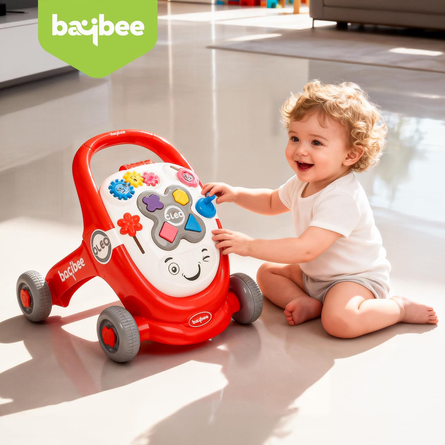 Baybee Oleo Baby Walker for Kids, Baby Activity Walker with Music, LED Light, Rotating Gears & Grip Push Handle | Kids Walker for Baby Toddlers | Baby Walker for 0 to 2 Years Boy Girl (Red)