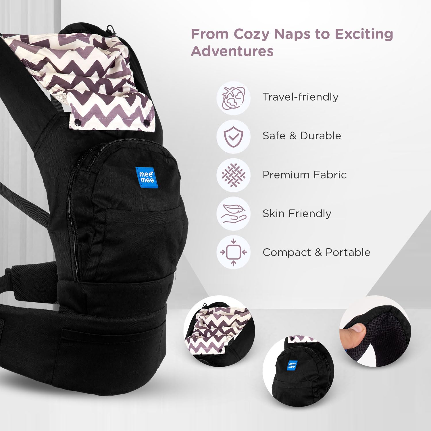 Mee Mee Cuddle Up Baby Carrier | 0-2 Years, Upto 16 Kgs Baby | Light Weight Kangaroo Baby Carry Bags/Wrap | Padded Waist Belt Comfortable Carrying Positions | Lightweight & Travel Friendly (Black Grey)
