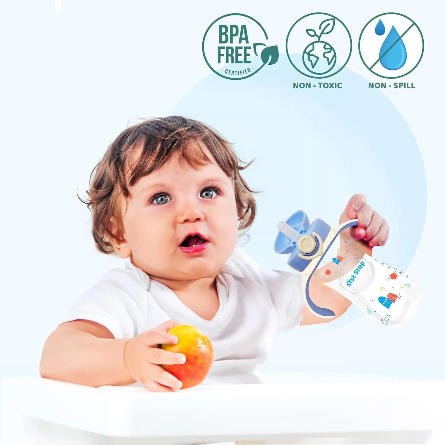 1st Step 330 ml BPA Free Anti-Spill Soft Silicone Weighted Straw Baby Sipper Cup with Twin Handle and Flip Top (6m+) - Blue 1st Step