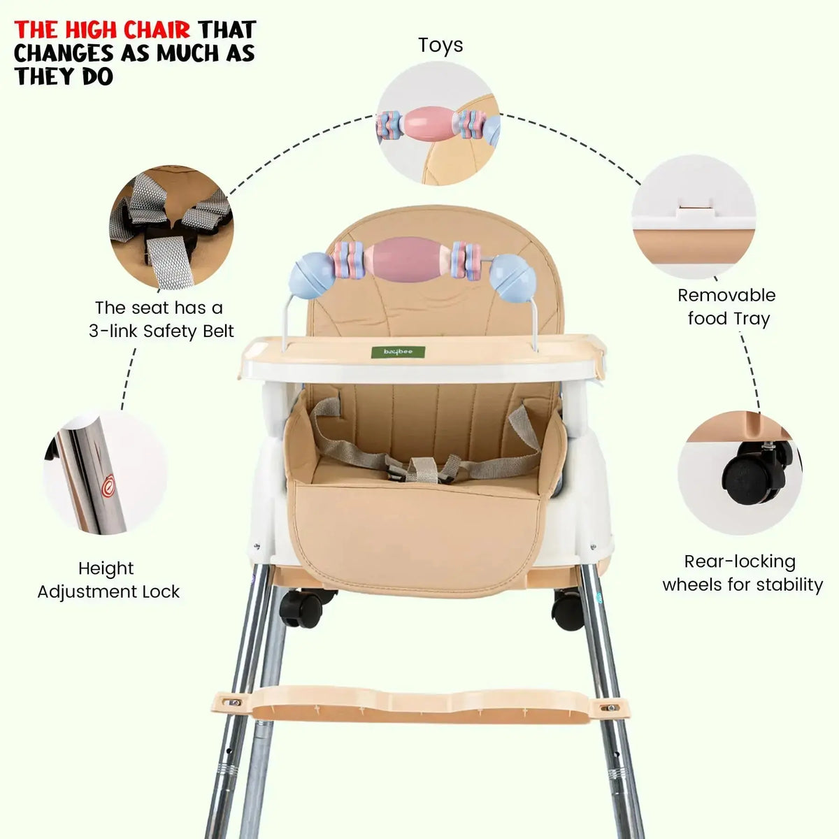 Baybee Nora 4-in-1 Convertible High Chair for Kids | Adjustable Baby Feeding Chair with Safety Harness, Cushion & Removable Tray
