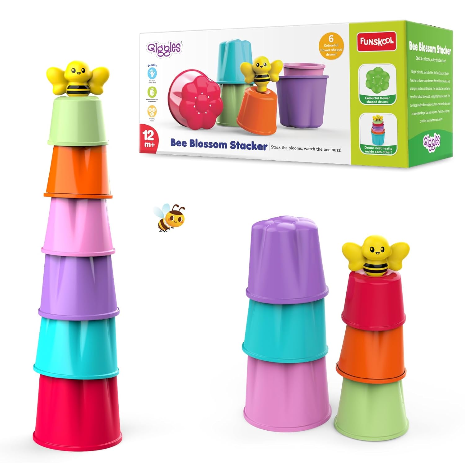 Giggles Funskool Bee Blossom Stacker, Fun & Development Toy for Babies, Educational Brain Activity Toys, Perfect for Early Learning, Multicolor Stacking Gift Set for Kids, Age 12+ Months