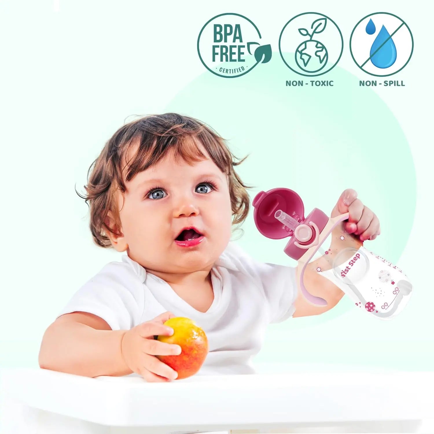 1st Step 330 ml BPA Free Anti-Spill Soft Silicone Weighted Straw Baby Sipper Cup with Twin Handle and Flip Top (6m+) - Pink 1st Step