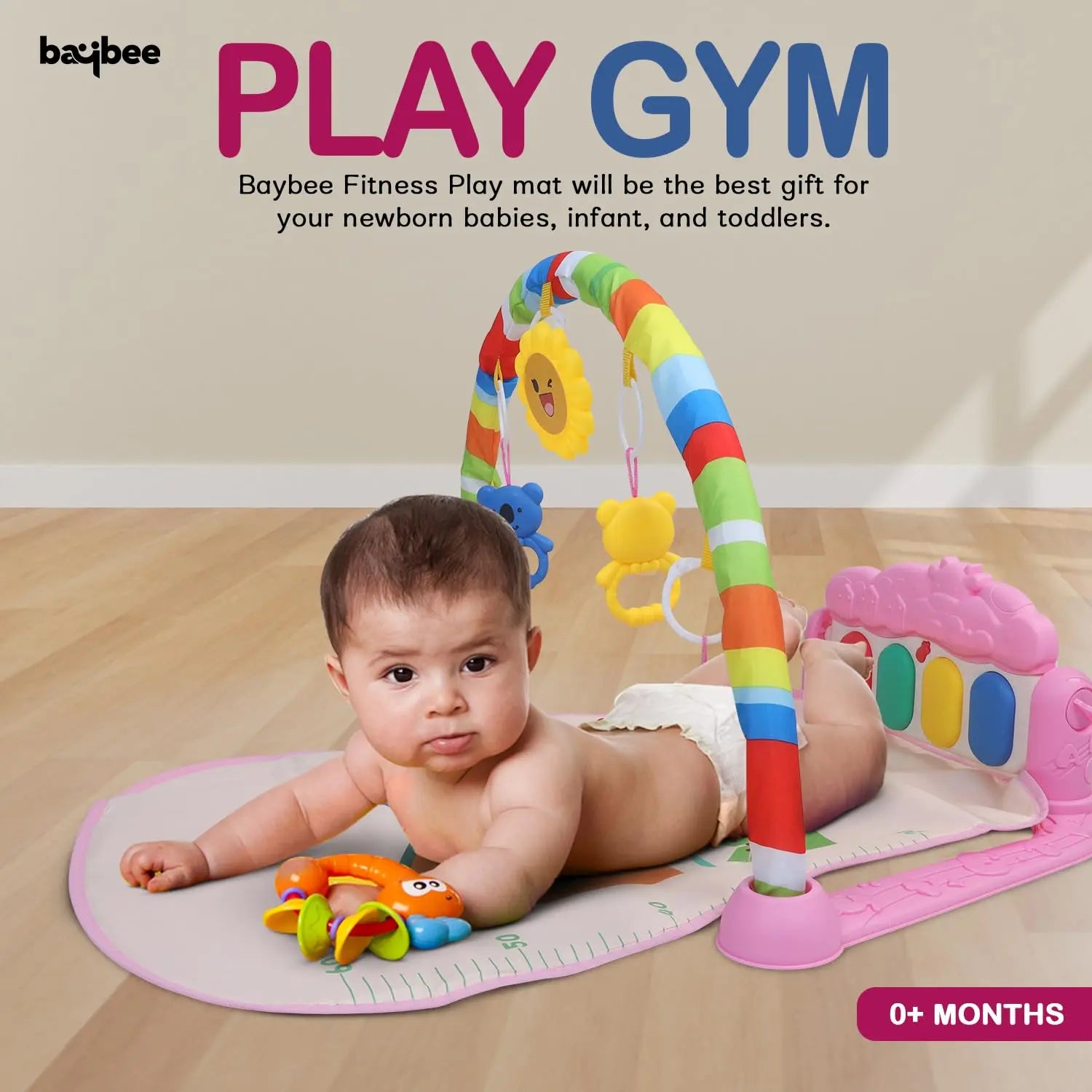 Baybee Piano Play Gym Mat for Babies, Activity Playgym for Baby with 5 Hanging Toys, Music & Lights | Playing Mat for New Born Baby | Indoor Play Gym for Babies 0 to 12 Months Boy Girl (Pink) baybee