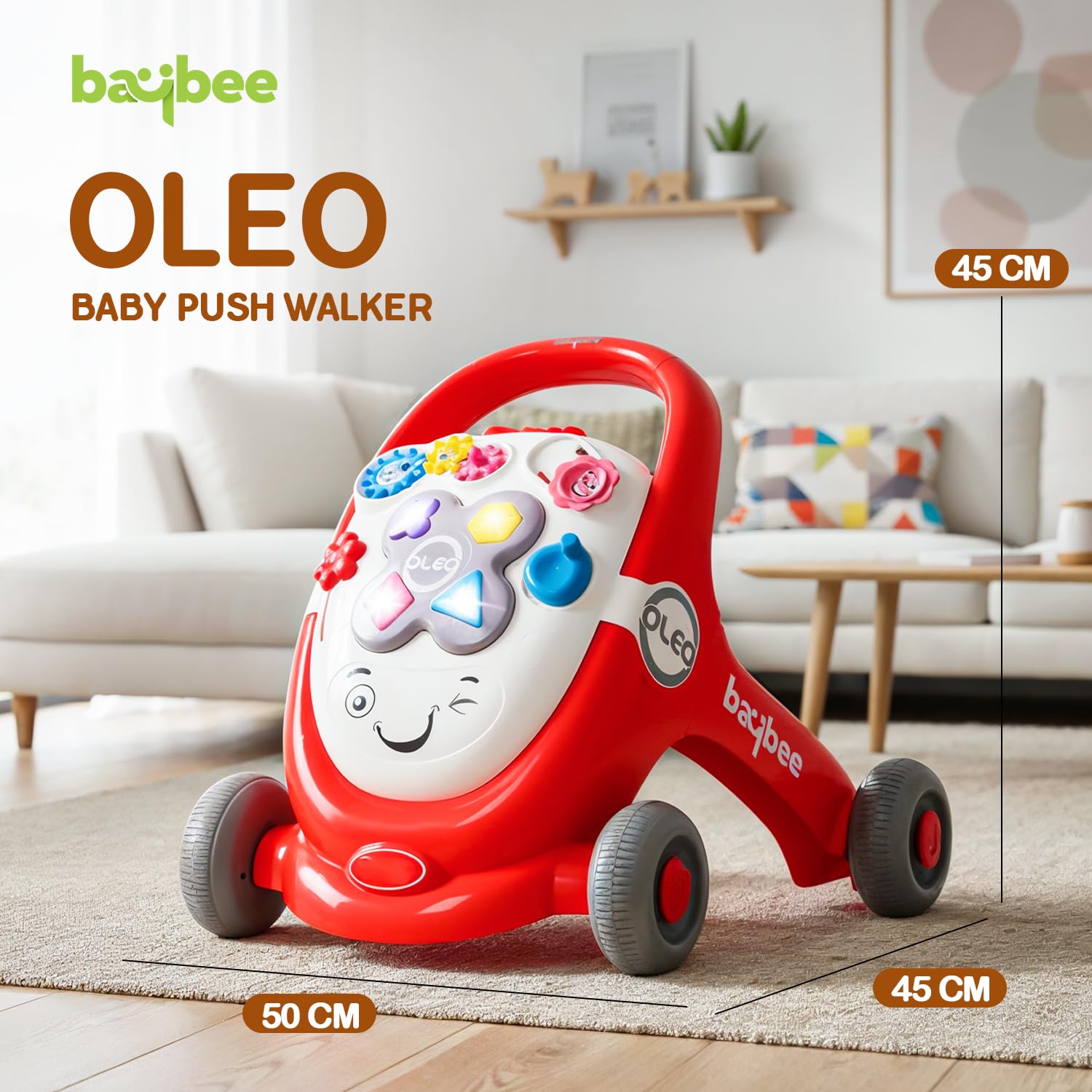 Baybee Oleo Baby Walker for Kids, Baby Activity Walker with Music, LED Light, Rotating Gears & Grip Push Handle | Kids Walker for Baby Toddlers | Baby Walker for 0 to 2 Years Boy Girl (Red)