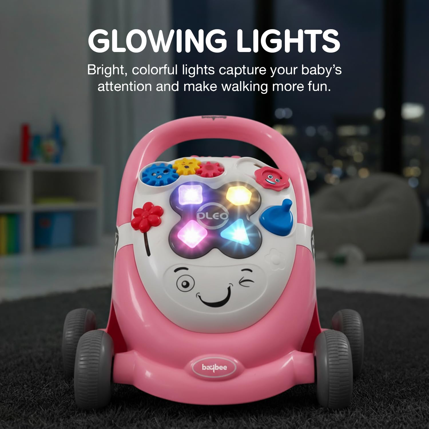 Baybee Oleo Baby Walker for Kids, Baby Activity Walker with Music, LED Light, Rotating Gears & Grip Push Handle | Kids Walker for Baby Toddlers | Baby Walker for 0 to 2 Years Boy Girl (Lite Pink)