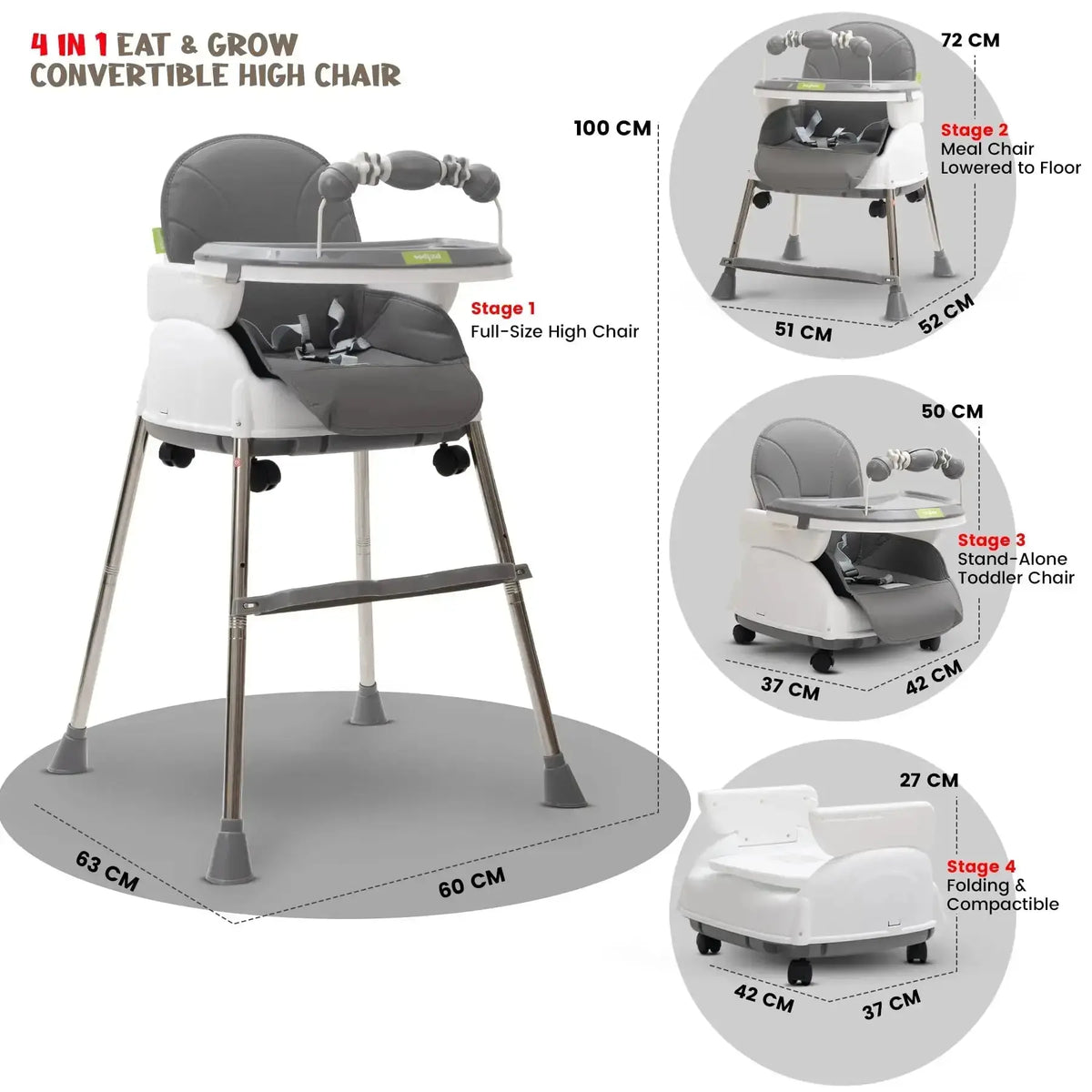 Baybee Nora 4-in-1 Convertible High Chair for Kids | Adjustable Baby Feeding Chair with Safety Harness, Cushion & Removable Tray
