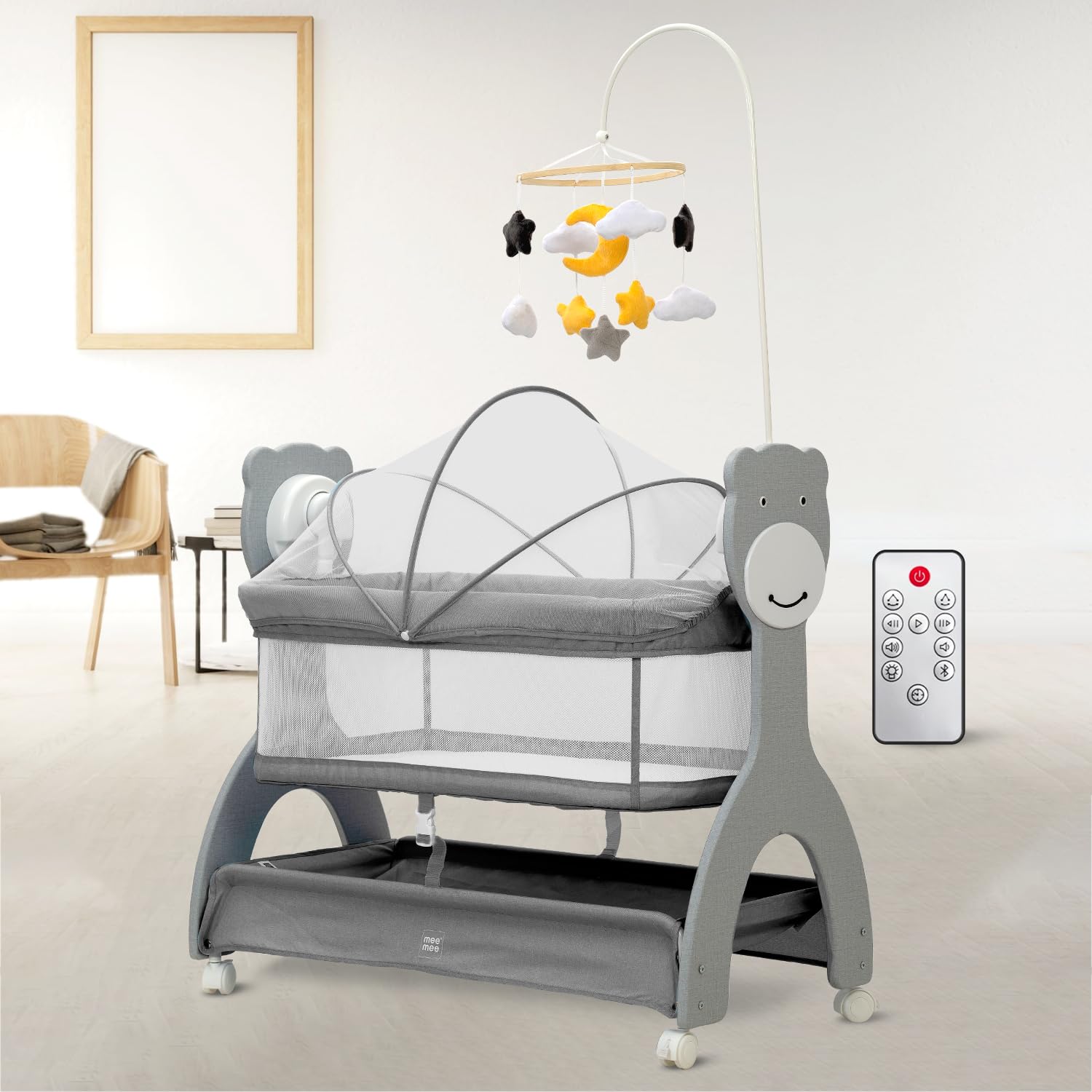 Mee Mee Sweet Love Automatic Electric Cradle for Baby | Remote Controlled 3 Gear Swing | Lightweight Baby Cot with Mosquito Net & Cot Mobile | Designed for 0-1.5 Years Kids | Carry Upto 15kgs (Grey)