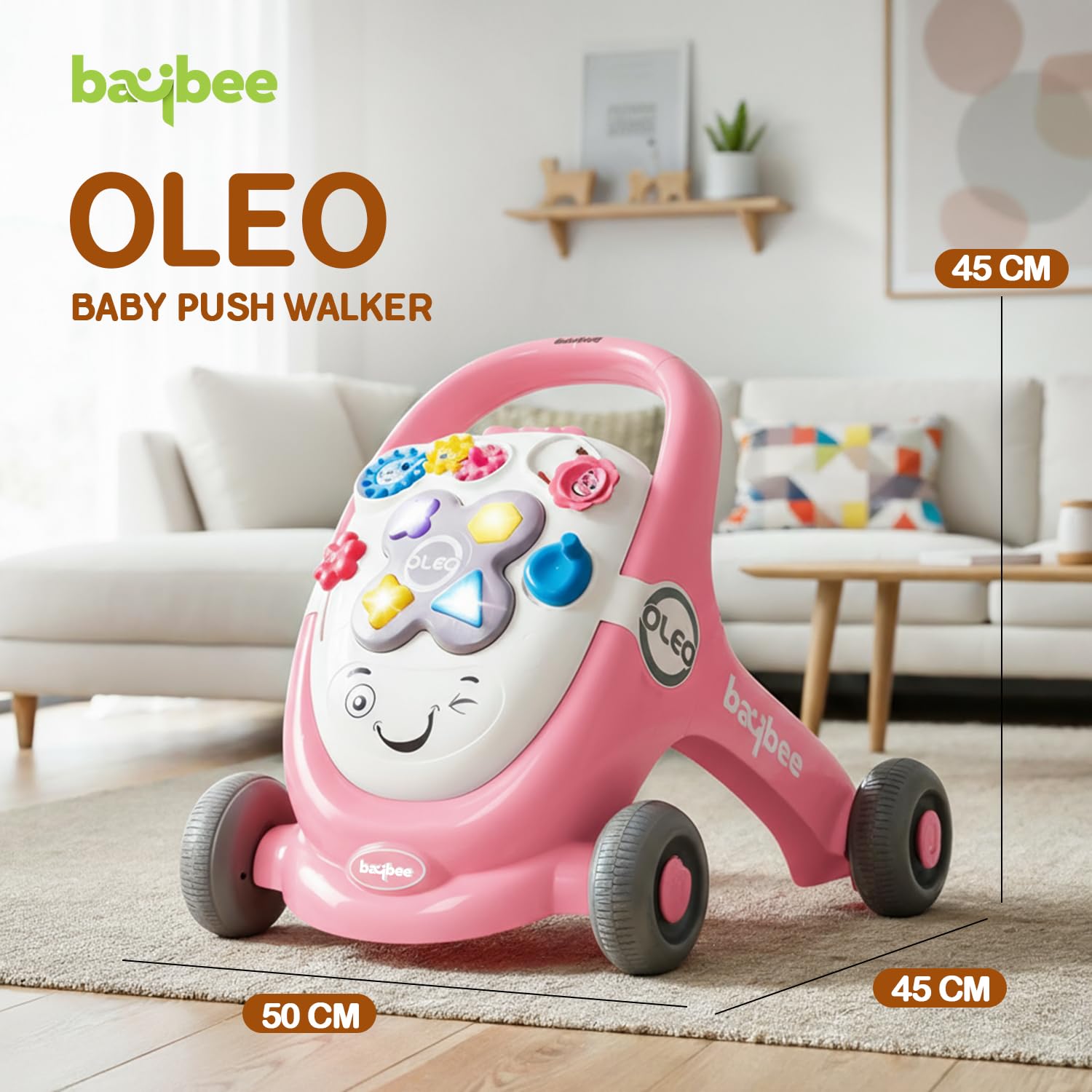 Baybee Oleo Baby Walker for Kids, Baby Activity Walker with Music, LED Light, Rotating Gears & Grip Push Handle | Kids Walker for Baby Toddlers | Baby Walker for 0 to 2 Years Boy Girl (Lite Pink)