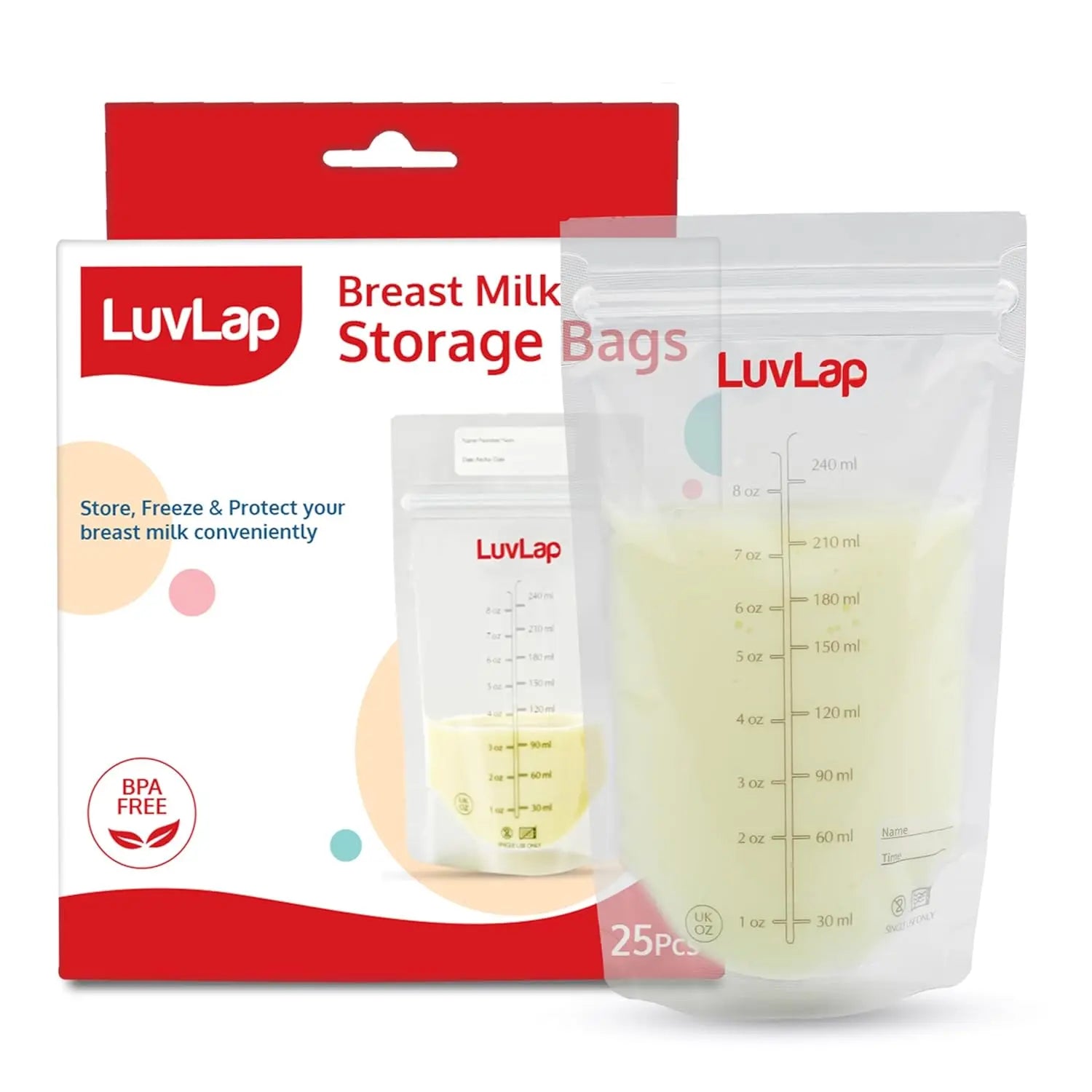 LuvLap Baby Breast Milk Storage Bags 240 ml (Pack of 25), BPA Free BPA Free Leak Proof Zip Lock Disposable Milk Freezer Bags for Breast Feeding LuvLap
