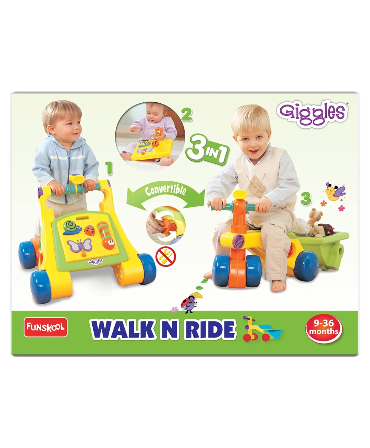 Giggles Funskool Walk N Drive, 3in1 Fun & Development Activity Toy for Babies, Encourage Walking, Improve Balance & Coordination, Stimulate Senses, Multicolour, Gift Set for Kids, Ages 9+ Months