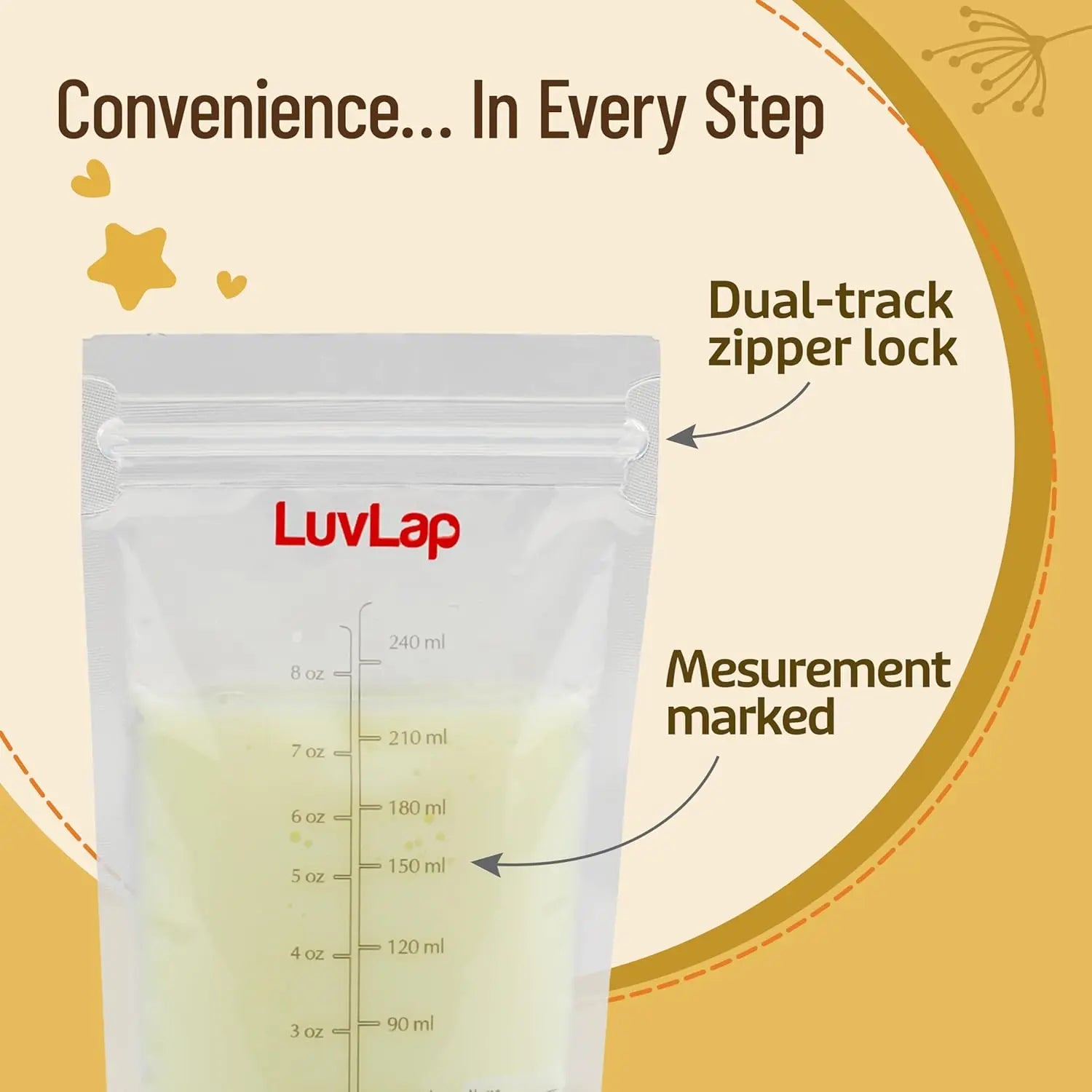 LuvLap Baby Breast Milk Storage Bags 240 ml (Pack of 25), BPA Free BPA Free Leak Proof Zip Lock Disposable Milk Freezer Bags for Breast Feeding LuvLap