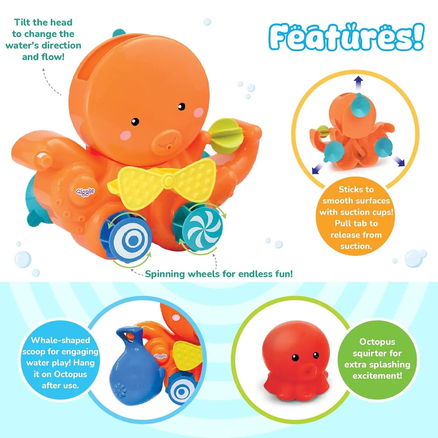 Giggles Funskool Pour & Play Octopus Bath Toy For Kids, Toy For 2 Year Kid, Perfect For Bath Time Play, Water Play, Infant And Preschool Giggles Funskool
