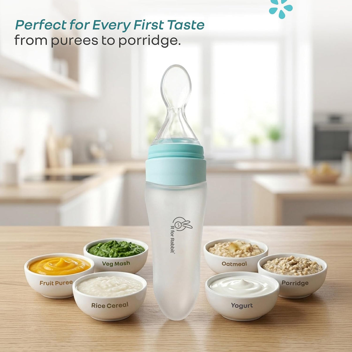 R for Rabbit First Feed Baby Food Feeder 90ml | Soft Silicone Spoon Feeder for Kids 12+ Months – Blue