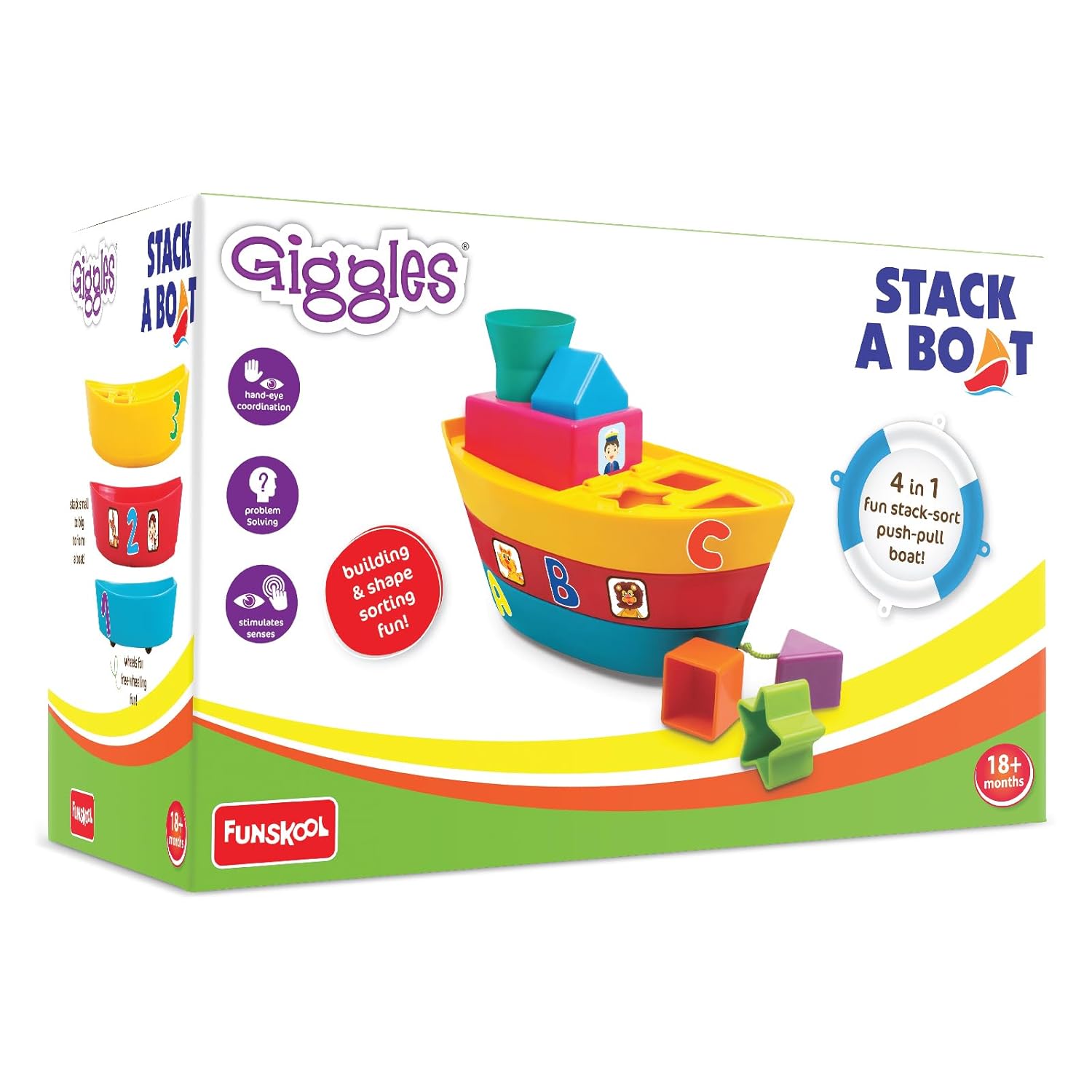 Giggles Funskool Stack A Boat, Pull Along, Nesting & Stackable Toy for Kids, Encourages Learning & Development, Fun Activity for Babies, Gift Set for Kid, Age 18+ Months