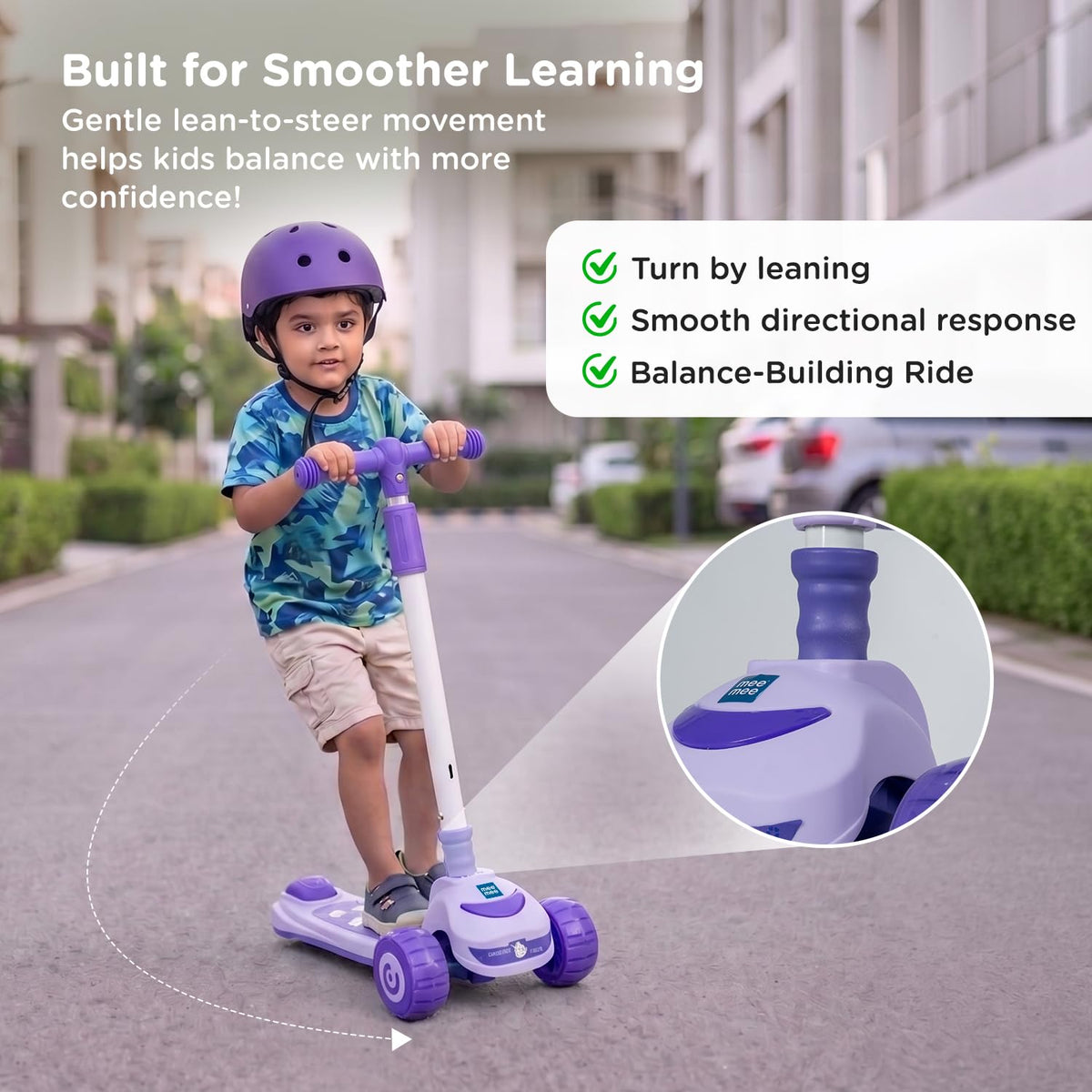 Child riding violet Mee Mee lean-to-steer kids scooter