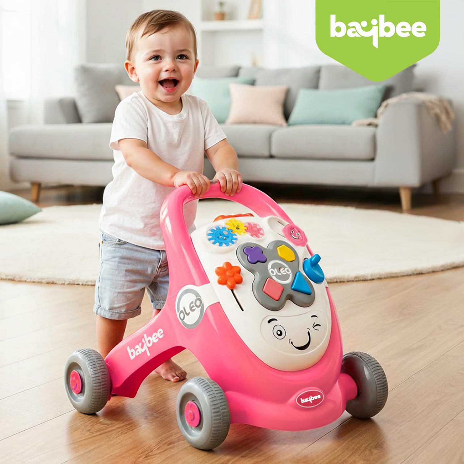 Baybee Oleo Baby Walker for Kids, Baby Activity Walker with Music, LED Light, Rotating Gears & Grip Push Handle | Kids Walker for Baby Toddlers | Baby Walker for 0 to 2 Years Boy Girl (Lite Pink)