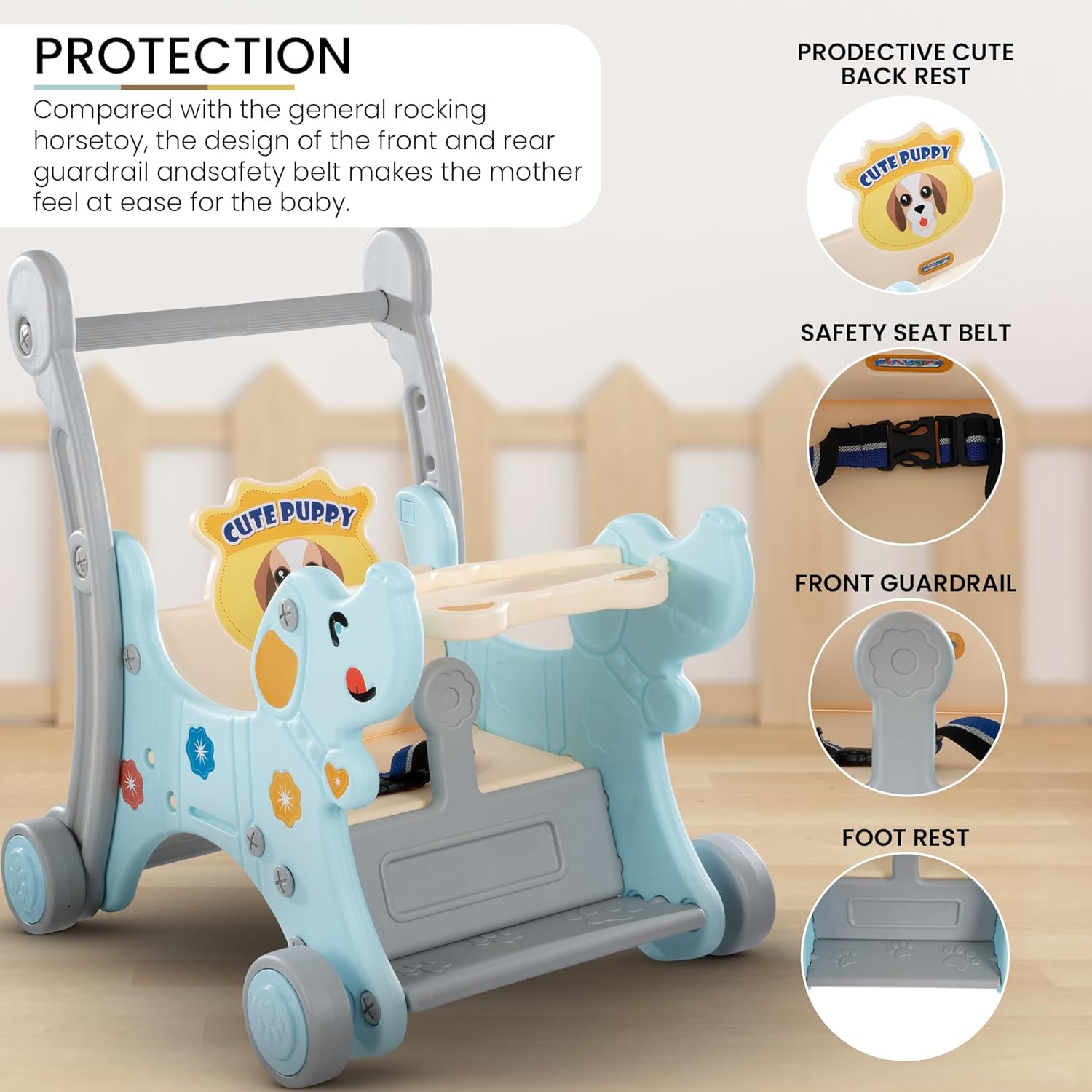 Playgro 2 In 1 Puppy Baby Rocking Chair For Kids|Baby Rocker Rider Toy For Kids With Food Tray, Seat Belt & Backrest|Baby Dining Rocking Chair For Babies Indoor Outdoor 12+months Boys Girls - Blue