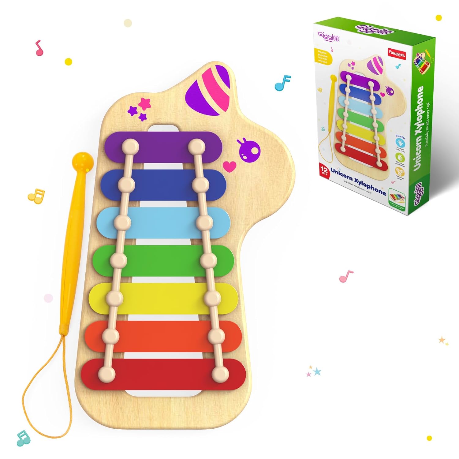 Giggles Funskool Unicorn Xylophone, Fun & Development Musical Toy for Babies, Improve Learning & Hand Eye Coordination, Stimulate Senses, Multicolor, Gift Set for Kids, Age 12+ Months
