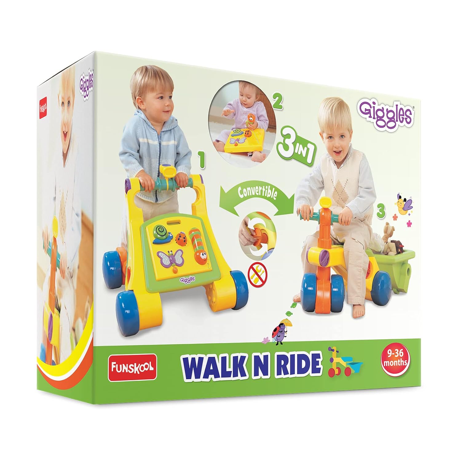 Giggles Funskool Walk N Drive, 3in1 Fun & Development Activity Toy for Babies, Encourage Walking, Improve Balance & Coordination, Stimulate Senses, Multicolour, Gift Set for Kids, Ages 9+ Months