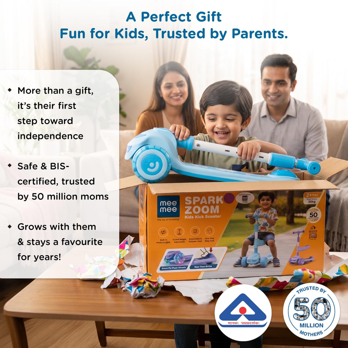 Child unboxing blue Mee Mee Spark Zoom kids scooter as a gift