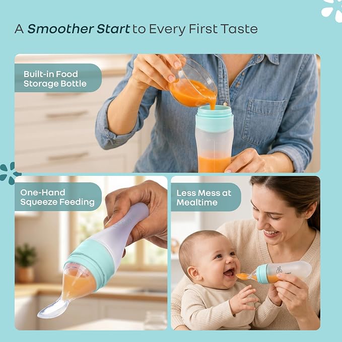 R for Rabbit First Feed Baby Food Feeder 90ml | Soft Silicone Spoon Feeder for Kids 12+ Months – Blue
