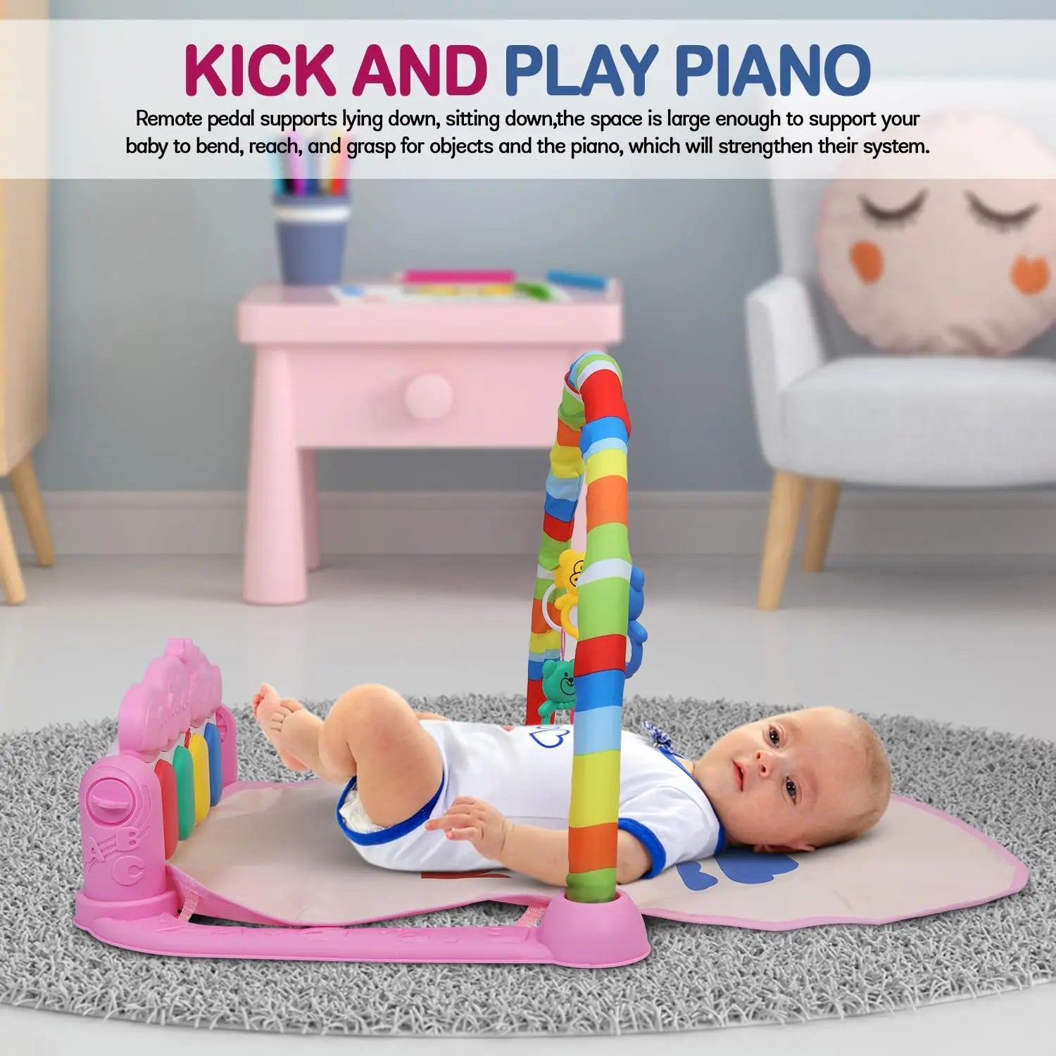 Baybee Piano Play Gym Mat for Babies, Activity Playgym for Baby with 5 Hanging Toys, Music & Lights | Playing Mat for New Born Baby | Indoor Play Gym for Babies 0 to 12 Months Boy Girl (Pink) baybee