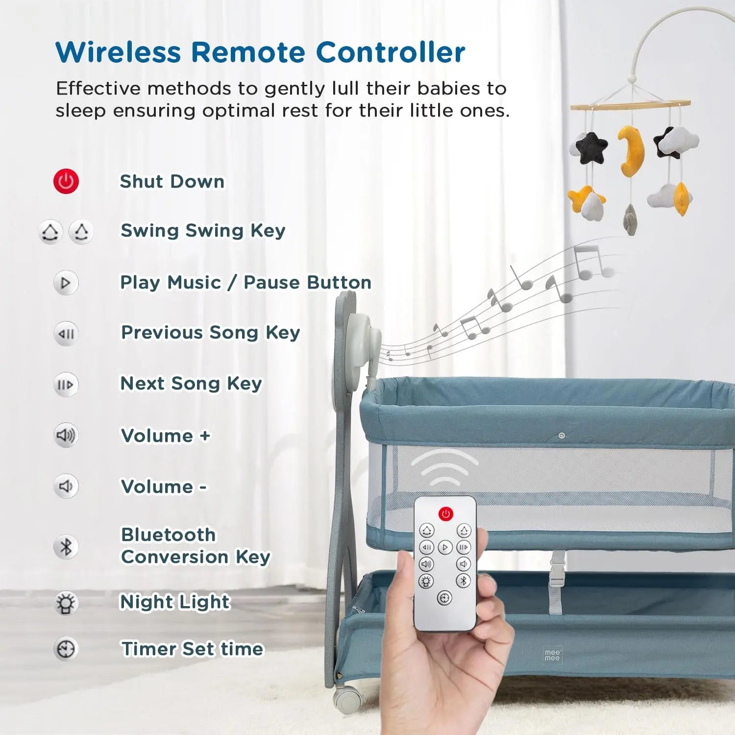 Mee Mee Wood Sweet Love Automatic Electric Cradle/Bassinet for Baby | Remote Controlled 3 Gear Swing | Lightweight Baby Cradle with Mosquito Net & Cot Mobile | Designed for 0-1.5 Years Kids (Blue) Mee Mee