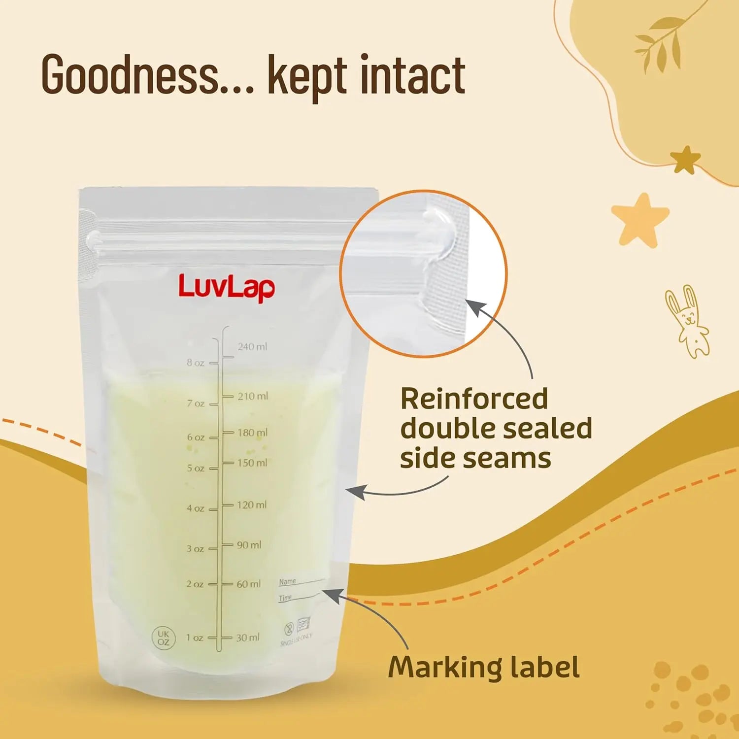 LuvLap Baby Breast Milk Storage Bags 240 ml (Pack of 25), BPA Free BPA Free Leak Proof Zip Lock Disposable Milk Freezer Bags for Breast Feeding LuvLap