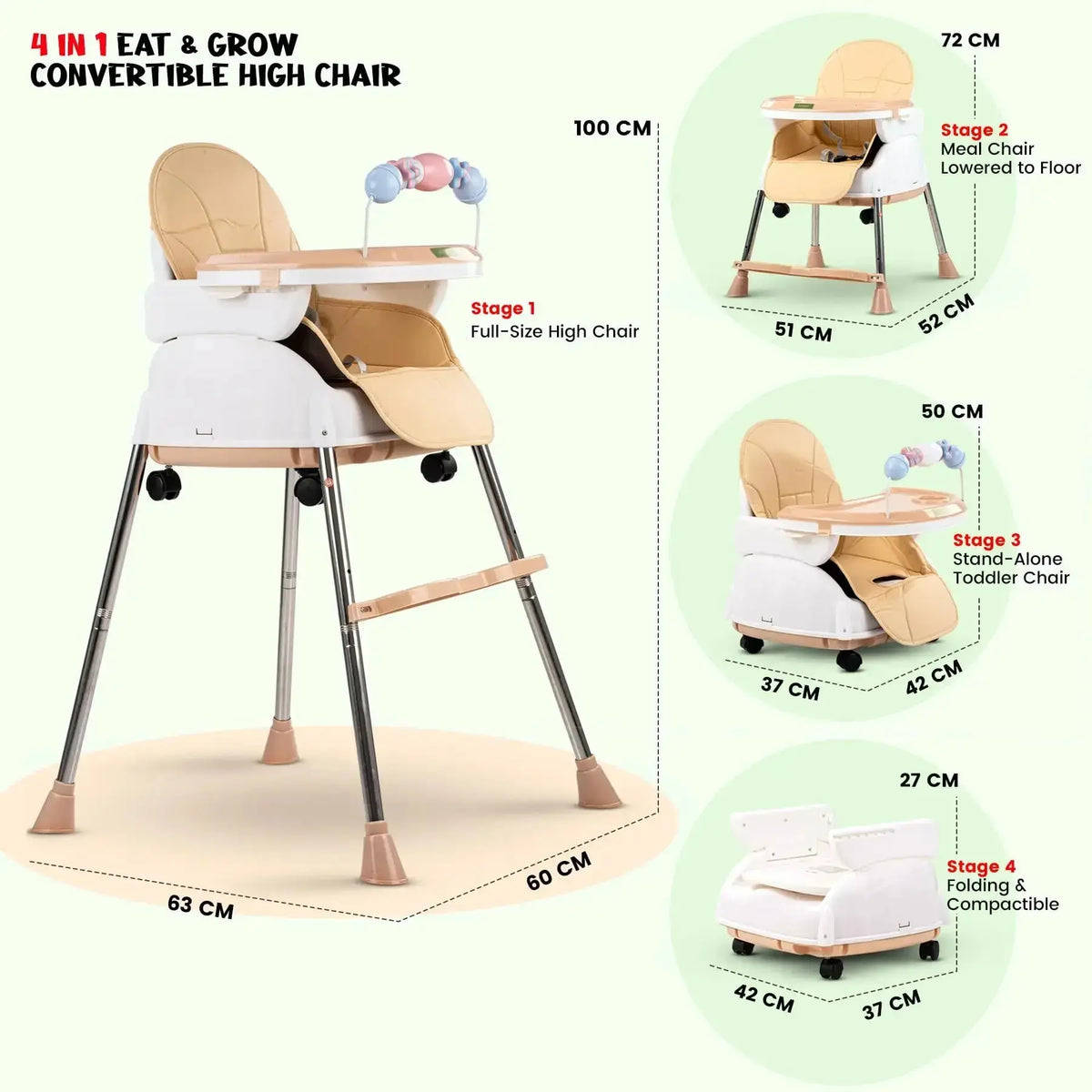 Baybee Nora 4-in-1 Convertible High Chair for Kids | Adjustable Baby Feeding Chair with Safety Harness, Cushion & Removable Tray